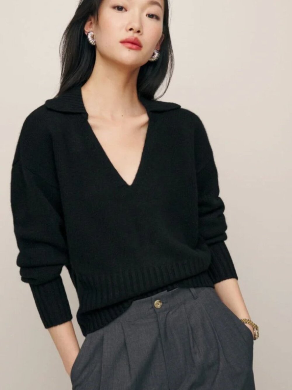 Reformation Black Beckie Cashmere Collared V-neck Sweater - NWT